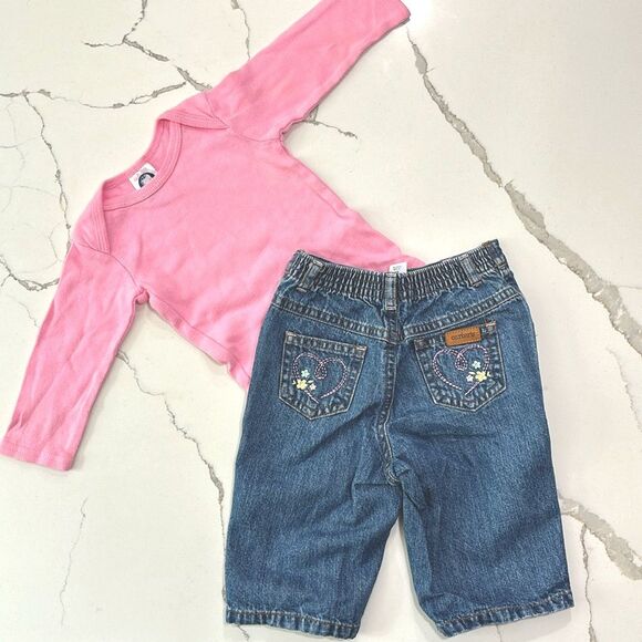 VTG Carter’s | Baby Girls Embroidered Denim Blue Jeans Pink Long Sleeve T Shirt - Picture 1 of 16